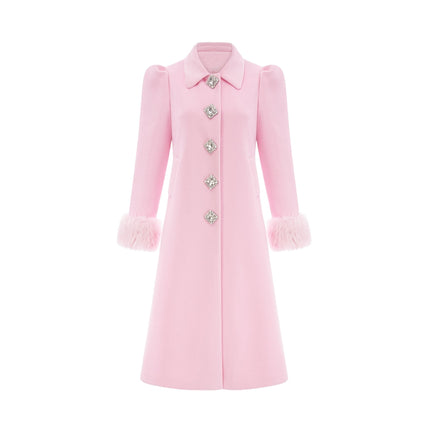 Grazia Pink Faux Fur Cuffs Overcoat Crystal Embellishments Rear Central Slit 100 Percent Polyester Fiber