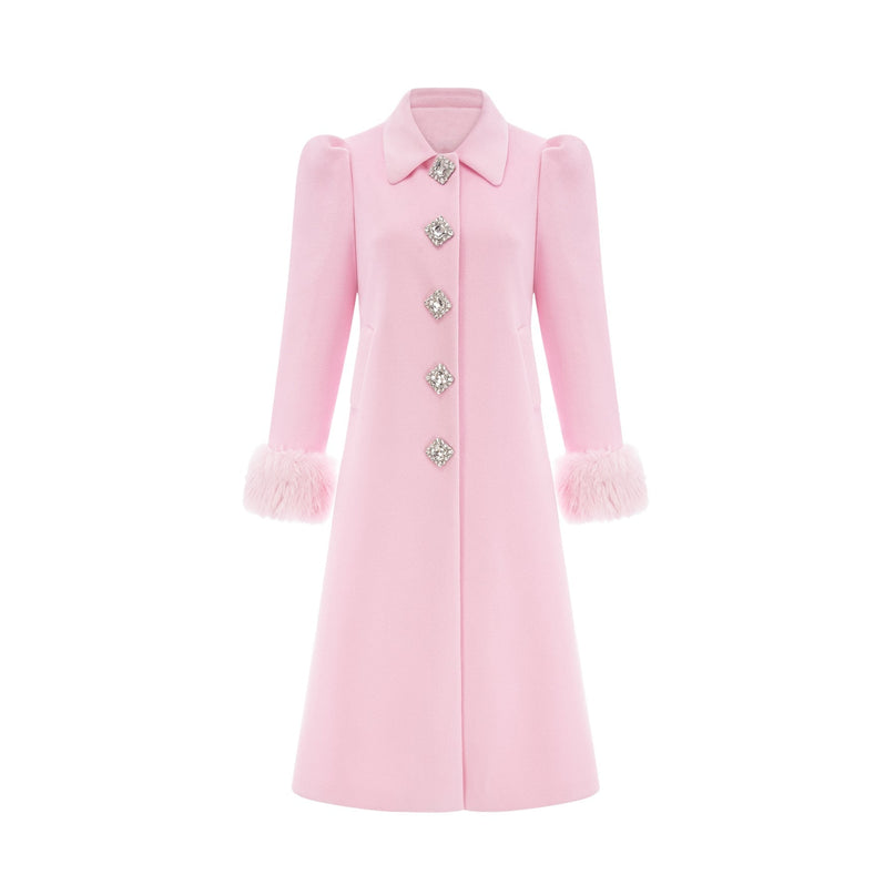 Grazia Pink Faux Fur Cuffs Overcoat Crystal Embellishments Rear Central Slit 100 Percent Polyester Fiber