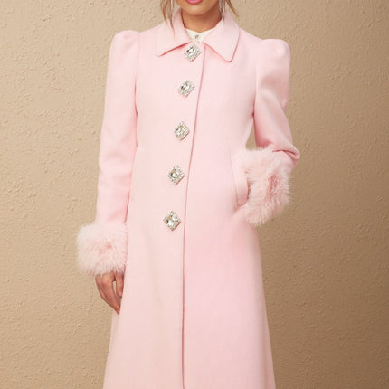 Grazia Pink Faux-Fur Cuffs Crystal Embellished Overcoat