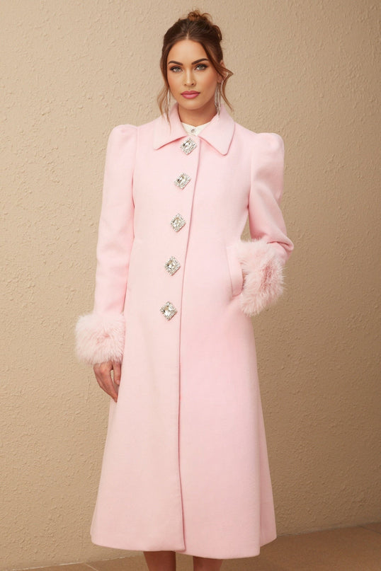 Grazia Pink Faux-Fur Cuffs Crystal Embellished Overcoat