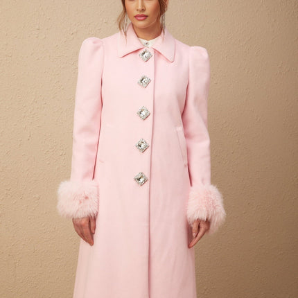 Grazia Pink Faux-Fur Cuffs Overcoat Crystal Embellishments Rear Central Slit 100 Percent Polyester Fiber