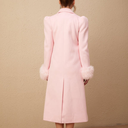 Grazia Pink Faux-Fur Cuffs Overcoat Crystal Embellishments