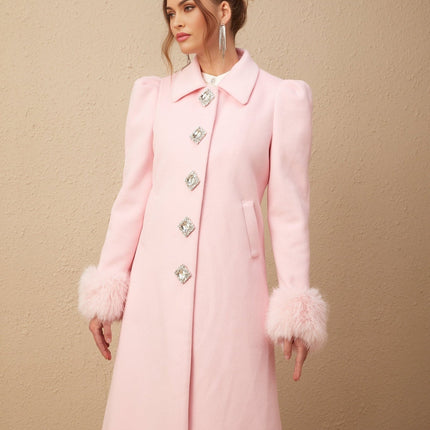 Grazia Pink Faux-Fur Cuffs Overcoat Crystal Embellishments Rear Central Slit 100 Percent Polyester