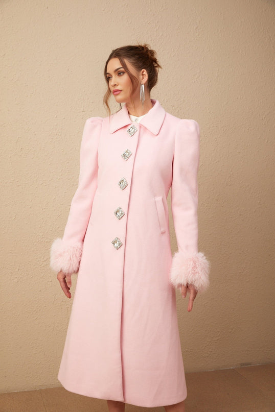 Grazia Pink Faux-Fur Cuffs Overcoat Crystal Embellishments Rear Central Slit 100 Percent Polyester