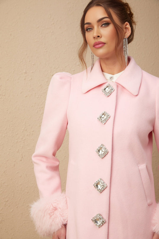 Grazia Pink Faux Fur Cuffs Overcoat Crystal Embellishments Polyester Fiber