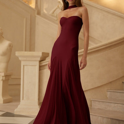 Grazia Red Maxi Dress Wine Off-Shoulder Sweetheart Scarf Waistline Pleats Terylene Elastane Glamour Soiree