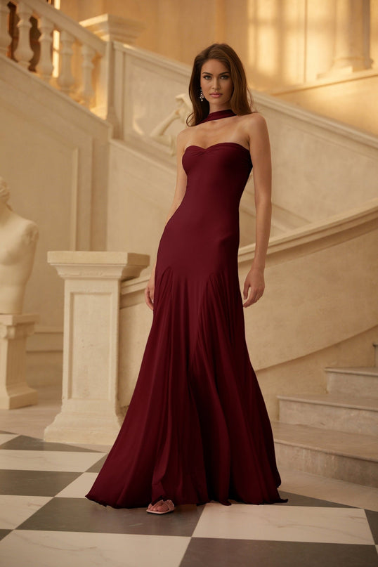 Grazia Red Maxi Dress Wine Off-Shoulder Sweetheart Scarf Waistline Pleats Terylene Elastane Glamour Soiree