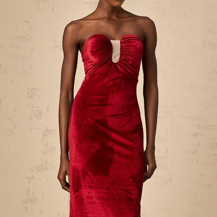 Grazia Wine Red Velvet Midi Dress with Off-Shoulder Design and Rear Slit