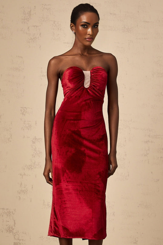 Grazia Wine Red Velvet Midi Dress with Off-Shoulder Design and Rear Slit