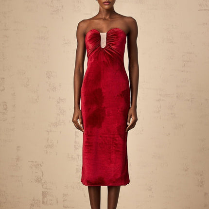 Grazia Wine Red Velvet Midi Dress with Off-Shoulder Design and Rear Slit