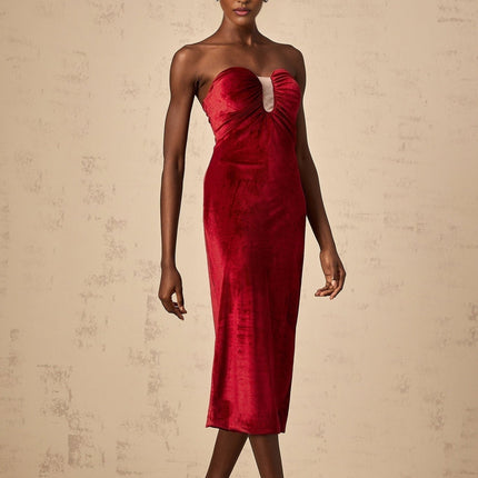 Grazia Wine Red Velvet Off-Shoulder Midi Dress with Rear Slit and Sweetheart Neckline