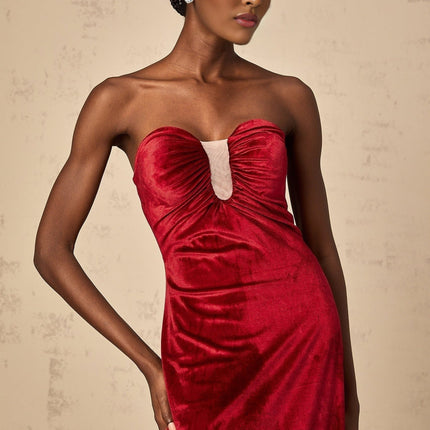 Grazia Wine Red Velvet Off-Shoulder Midi Dress with Sweetheart Neckline and Rear Slit