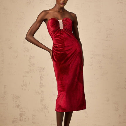 Grazia Wine Red Velvet Midi Dress with Off-Shoulder Design and Rear Slit
