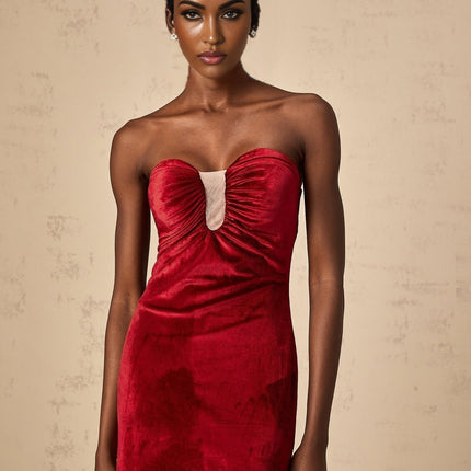Grazia Wine Red Velvet Off-Shoulder Midi Dress with Rear Slit