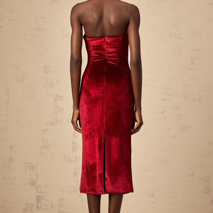 Grazia Wine Red Velvet Midi Dress with Off-Shoulder Design and Rear Slit