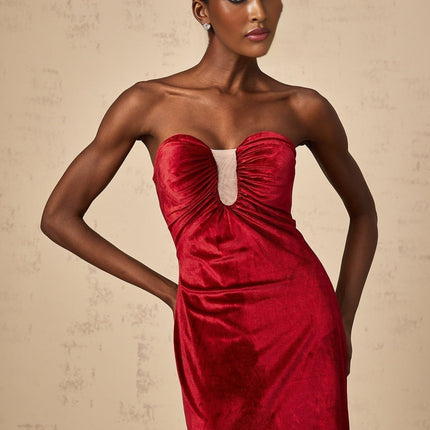 Grazia Wine Red Velvet Midi Dress with Off-Shoulder Design and Rear Slit