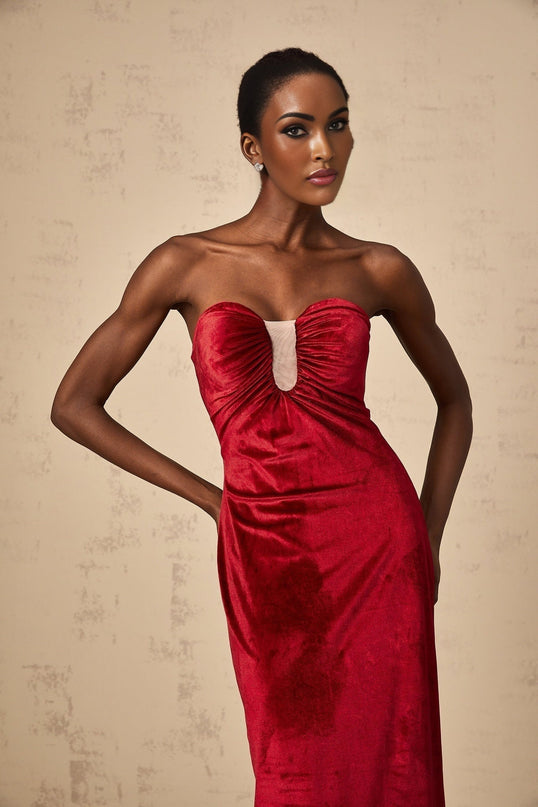 Grazia Wine Red Velvet Midi Dress with Off-Shoulder Design and Rear Slit