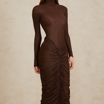 Graziana Brown Midi Dress Fitted Ruched Detailing Stretch Design Mock Neck Long Sleeves Rear Zip Fastening Elegant