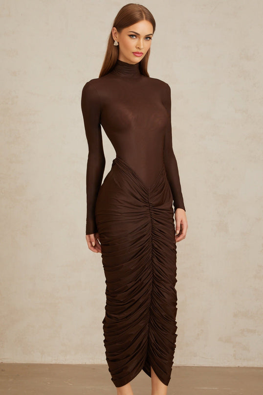 Graziana Brown Midi Dress Fitted Ruched Detailing Stretch Design Mock Neck Long Sleeves Rear Zip Fastening Elegant