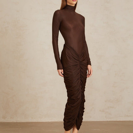 Graziana Brown Midi Dress Fitted Ruched Detailing Stretch Design Mock Neck Long Sleeve Rear Zip Fastening