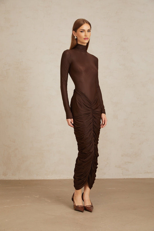Graziana Brown Midi Dress Fitted Ruched Detailing Stretch Design Mock Neck Long Sleeve Rear Zip Fastening
