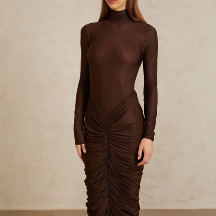 Graziana Brown Midi Dress with Ruched Detailing and Mock Neck