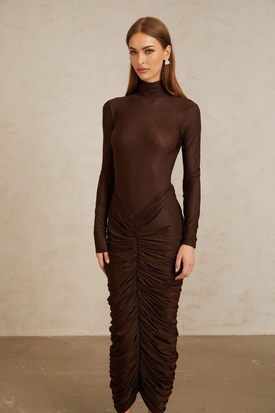Graziana Brown Midi Dress with Ruched Detailing and Mock Neck