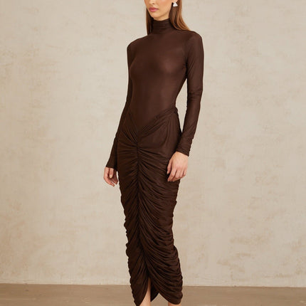 Graziana Brown Midi Dress with Ruched Detailing and Mock Neck