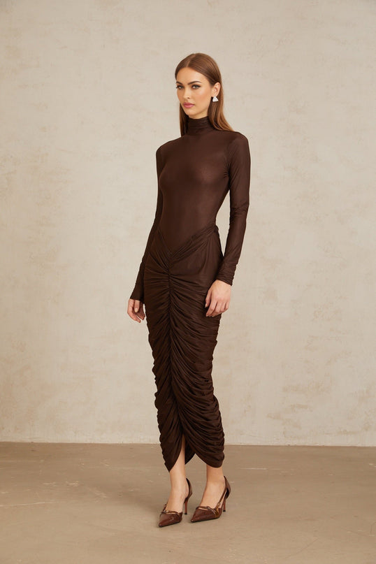 Graziana Brown Midi Dress with Ruched Detailing and Mock Neck