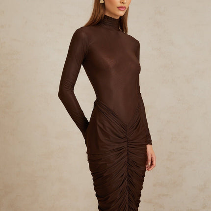 Graziana Brown Midi Dress with Ruched Detailing and Mock Neck