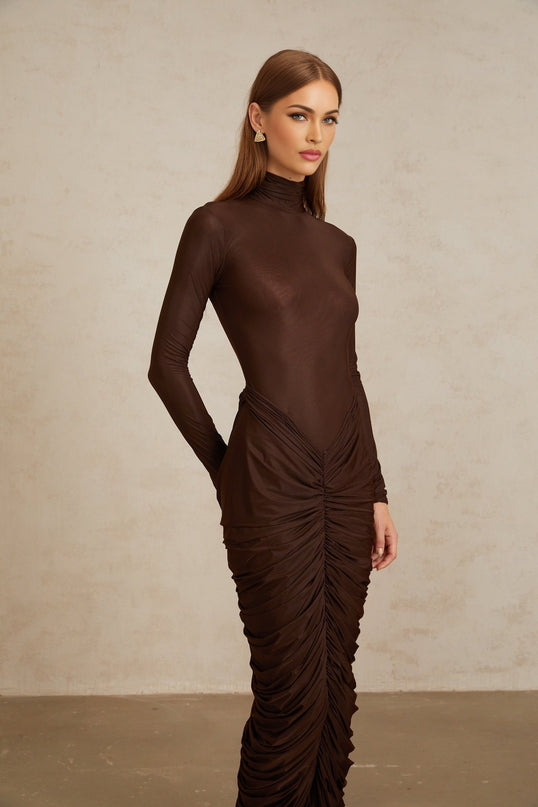 Graziana Brown Midi Dress with Ruched Detailing and Mock Neck