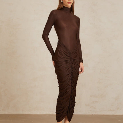 Graziana Brown Midi Dress with Ruched Detailing and Mock Neck