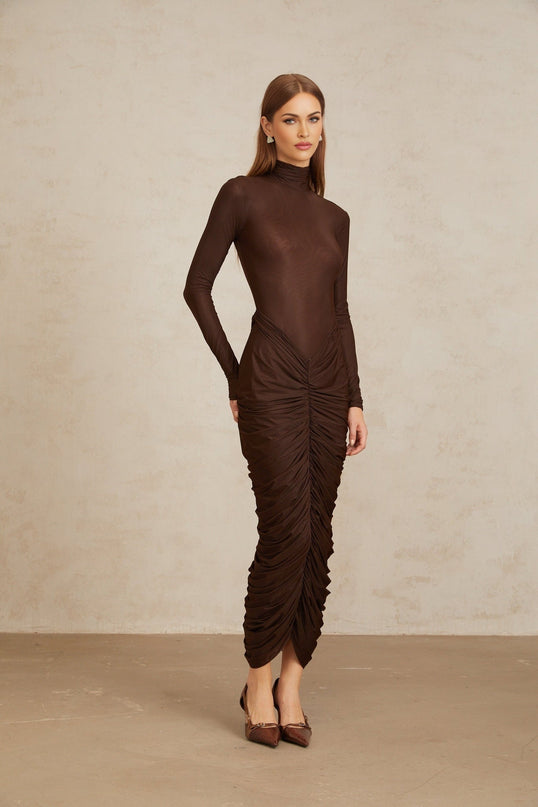 Graziana Brown Midi Dress with Ruched Detailing and Mock Neck