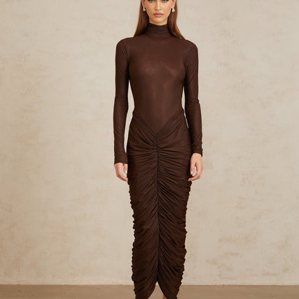 Graziana Brown Midi Dress with Ruched Detailing and Mock Neck