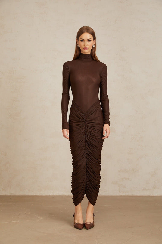 Graziana Brown Midi Dress with Ruched Detailing and Mock Neck