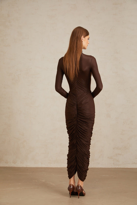 Graziana Brown Midi Dress with Ruched Detailing and Mock Neck for Upscale Occasions