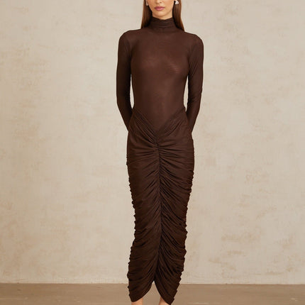 Graziana Brown Midi Dress with Ruched Detailing and Mock Neck