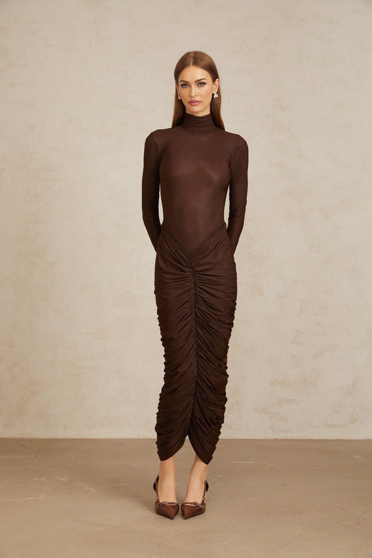 Graziana Brown Midi Dress with Ruched Detailing and Mock Neck