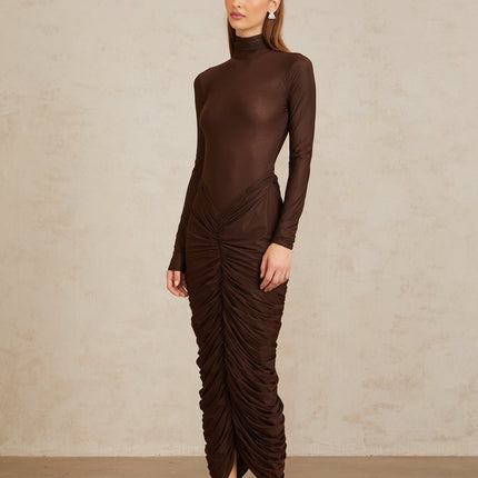 Graziana Brown Midi Dress with Ruched Detailing and Mock Neck
