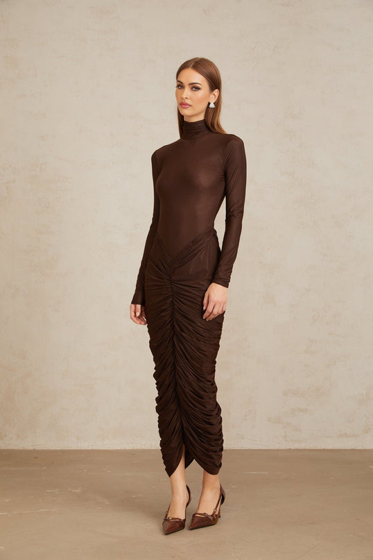 Graziana Brown Midi Dress with Ruched Detailing and Mock Neck