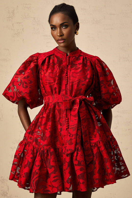 Graziana Red Jacquard Mini Dress with Sheer Half Puff Sleeves and Tied Waist
