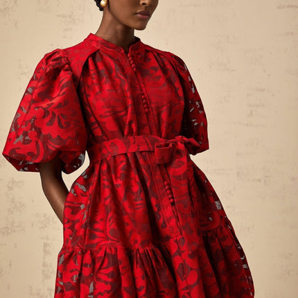Graziana Red Jacquard Mini Dress with Sheer Half Puff Sleeves and Flared Skirt