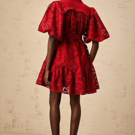 Graziana Red Jacquard Mini Dress with Sheer Half Puff Sleeves and Tied Waist