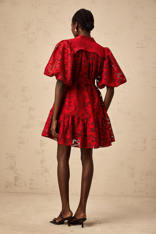 Graziana Red Jacquard Mini Dress with Sheer Half Puff Sleeves and Tied Waist