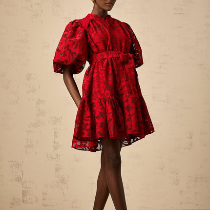 Graziana Red Jacquard Mini Dress with Sheer Puff Sleeves and Flared Skirt