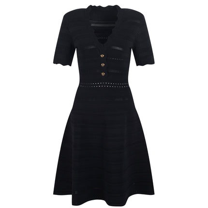 Green A-line Dress with Scalloped Neckline and Button Detail