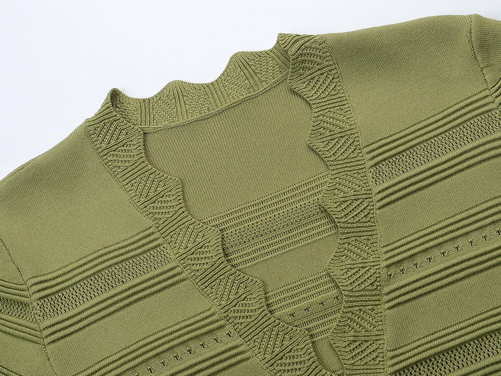 Green A-line Dress with Scalloped Neckline and Button Details