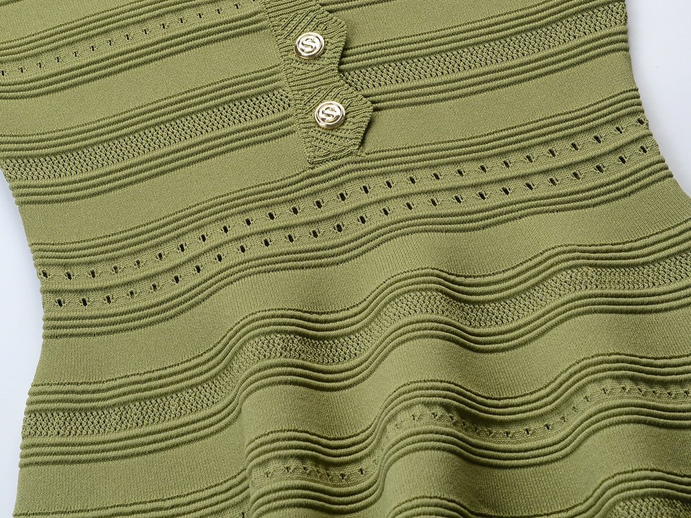 Green A-line Dress with Scalloped Neckline and Button Detail