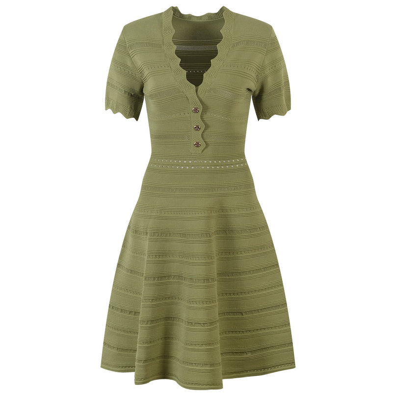 Green A-line Knitted Dress with Scalloped Neckline and Button Detail