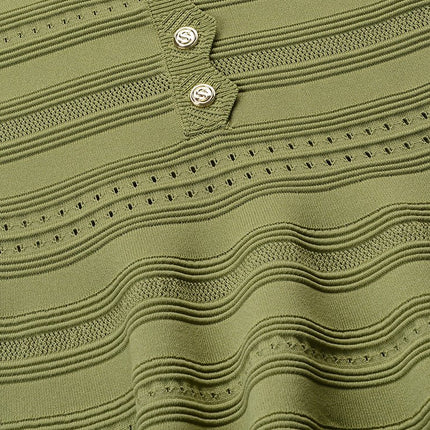Green A-line silhouette dress with scalloped neckline and decorative buttons